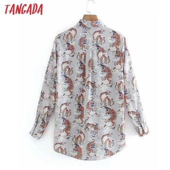 Tangada Ženske Retro Prevelik Tiger Print Majica Bluzo z Dolgimi Rokavi Elegantna Ženska Priložnostne Ohlapno Majico Blusas Femininas XN83