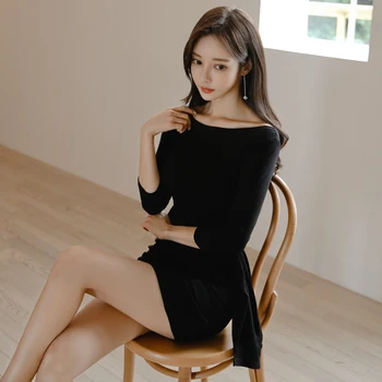 Črna Mini Obleka za ženske poletje Dolgimi Rokavi, posadke vratu Bombaž Laides urad Koreja mehko Stranke Obleke