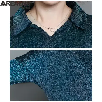 Plus Velikost Sijoče Bluzo Ženske Bleščica Nrt Dolg Rokav Srajco Blusas Mujer De Moda 2020 Korejski Črno Modra Srebrna Bluzo Majica Blusas - 