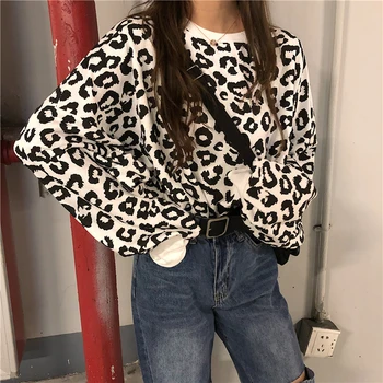 Priložnostne Retro Svoboden Leopard Tiskanja Vrhnja Plast Ženske Divje Plus Žamet Dolgo Sleeved Majica - 