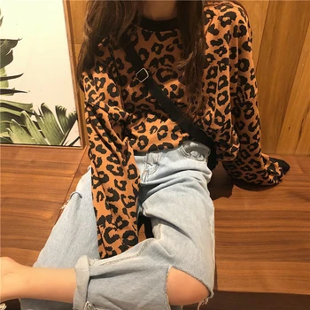 Priložnostne Retro Svoboden Leopard Tiskanja Vrhnja Plast Ženske Divje Plus Žamet Dolgo Sleeved Majica - 
